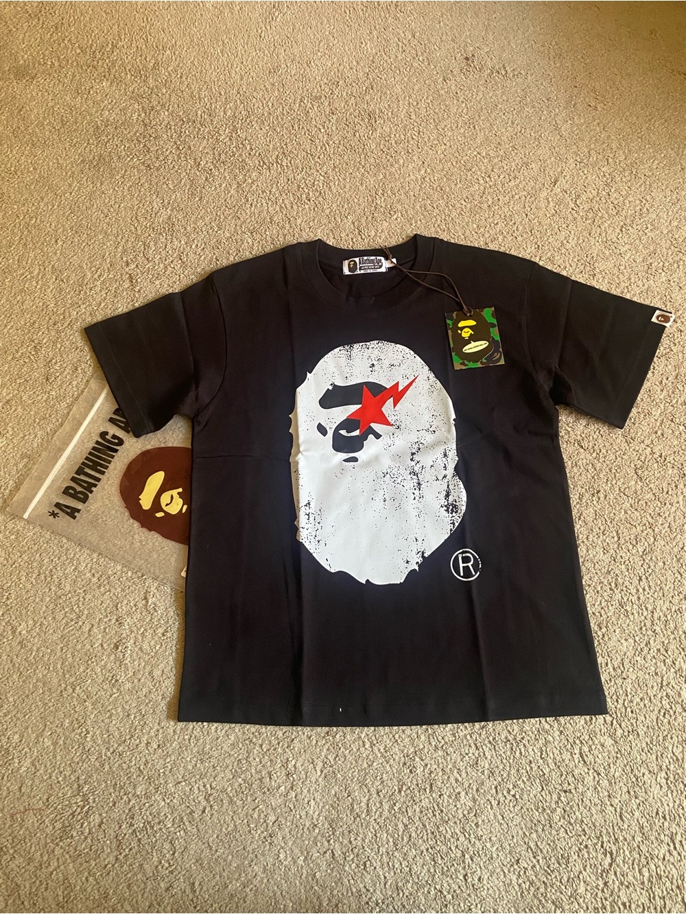 Bape Black Tee with White Ape Face and Red Star